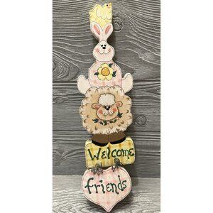 Spring Welcome Friends Animal Hanging Wooden Sign Handmade Country Craft Vintage